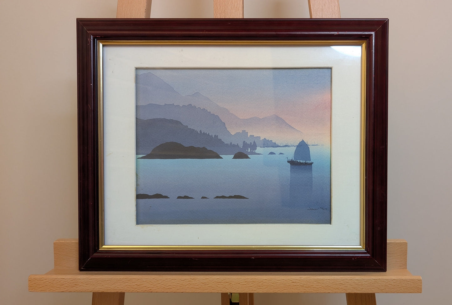 Aquarelle originale signée HSin d'un port tranquille